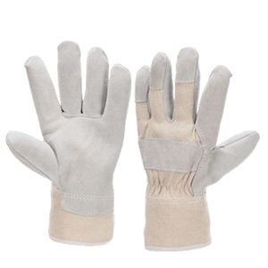 Guantes de trabajo de cuero vacuno blanco con palma reforzada, protección de venas, dorso de algodón blanco, puño de seguridad, uso duradero - Product Image 1