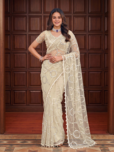 Tela de Saree India de Diseño con Bordado de Lentejuelas, Perlas y Cuentas Decorativas - Product Image 6