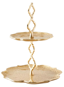 Plateau de service en métal doré à deux niveaux avec bords festonnés, élégant support à desserts et pâtisseries pour mariages, fêtes et décoration intérieure - Product Image 5