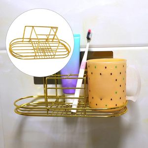 Handmade <b>Gold</b> Metal Bathroom Organizer <b>Shelf</b> <b>Wall</b> Mounted Adhesive Storage Rack for Toothbrush Toothpaste Soap Shampoo Cosmetics - Product Image 2