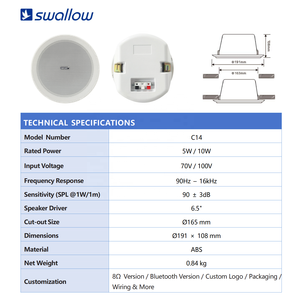 Loa trần không dây Bluetooth OEM cho rạp hát gia đình <span class=keywords><strong>70V</strong></span> <span class=keywords><strong>100V</strong></span>, lưới kim loại viền mỏng, mặt sau bằng nhựa - Product Image 3