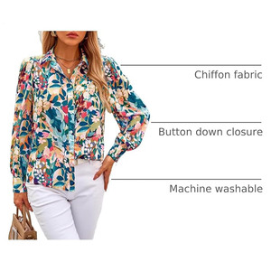 Chemisier à manches longues imprimé floral, col rabattu, coupe ample, décontracté, haut d'été respirant en viscose tissée et polyester pour femme - Product Image 5