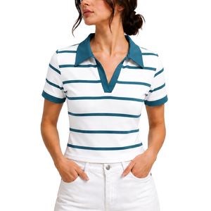 Polo rayé blanc et bleu sarcelle pour femme, manches courtes, col rabattu, coupe ajustée, haut décontracté d'été, fournisseur en gros personnalisé - Product Image 1