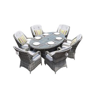 Set da Pranzo Ovale in Vimini Grigio a 7 Pezzi, Elegante Collezione di Mobili da Giardino - Product Image 1