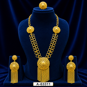 ชุดเครื่องประดับดอกไม้ชุบทอง 24K คลาสสิก สร้อยคอ ต่างหู สำหรับผู้หญิง งานแต่งงาน โลหะผสม A-63305 - Product Image 6