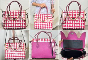 Sac fourre-tout en cuir fait main, rose et blanc à carreaux, élégant sac à main pour femme, sac bandoulière, sac de voyage, sac de travail - Product Image 3