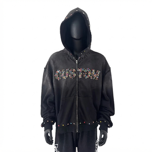Sweat à capuche zippé oversize respirant anti-plis en polaire tricotée 500g polyester/coton avec blocs de couleur et logo strass rose sur le devant - Product Image 1