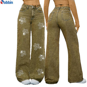 Pantalon Baggy Femme Personnalisé avec Strass, Taille Haute, Style Tendance, Jean Ample Droit en Denim pour Femme, Nouvelle Collection Automne - Product Image 4