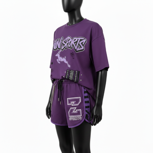 Conjunto de camiseta y pantalones cortos para mujer, jersey de algodón premium de 200 GSM, suave, morado, con paneles laterales en contraste, logotipo personalizado, conjuntos para mujer - Product Image 3