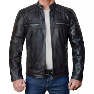 Veste en cuir de vachette noire pour homme, col montant, fermeture éclair, coupe ajustée, longueur normale, pour l'automne - Product Image 2
