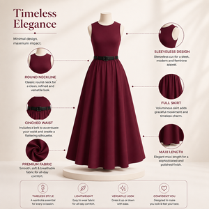 Elegante Vestido Largo Borgoña sin Mangas con Cinturón para Mujer, Cuello Redondo, Línea A, para Fiesta de Noche, Cóctel, Invitada de Boda, Vestido Formal Largo - Product Image 5