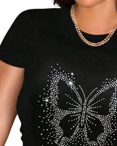Camiseta Personalizada Negra para Mujer con Mariposa y Pedrería, Manga Corta, Informal, de Verano, Mezcla de Algodón, con Diseño Gráfico, OEM, Top de Moda para Dama - Product Image 3