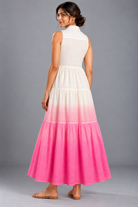 Vestido camisero largo de algodón cambray con efecto ombré para mujer – Vestido sin mangas con botones al frente y volantes para verano/primavera - Product Image 4