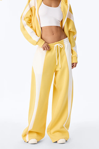 Ensemble de survêtement décontracté pour femme, jaune et blanc imprimé, 100 % coton, coupe ample, crop top à capuche et pantalon de jogging large, style hiver - Product Image 6