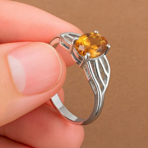 Anillo de compromiso y boda unisex Rhaya Jewels de plata de ley 925 con citrino ovalado, chapado en rodio, engaste de púas, moderno, para fiesta, Noviembre - Product Image 2