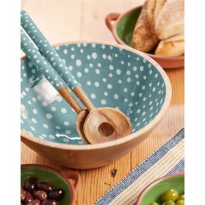 Tazón para Ensalada Ecológico de Madera de Mango con Diseño de Puntos Esmaltados y Servidores a Juego, Juego de Vajilla Grande de Madera - Product Image 1