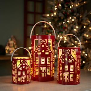 House Punched Christmas Decoration Metal Candle <b>Lanterns</b> <b>Set</b> Of 3 Pieces Black - Product Image 5