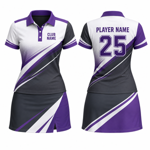 Women's Sporty Golf <b>Polo</b> Shirt Skirt Set Elastic Waist <b>White</b>/Purple/Black Gradient Color Print Quick Dry Short Sleeve Pullover - Product Image 1