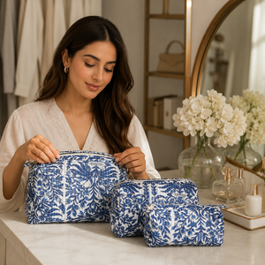 Ensemble de 3 trousses de maquillage bleues à motifs botaniques, en coton matelassé, pour femmes, sacs cosmétiques de voyage, rangement de beauté, fermeture éclair, ensemble cadeau - Product Image 3