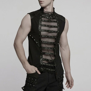 เสื้อกั๊กตาข่ายสไตล์พังก์สีดำสำหรับผู้ชาย แต่งหมุดและหนังเทียม ขายส่ง ปี 2026 - Product Image 2