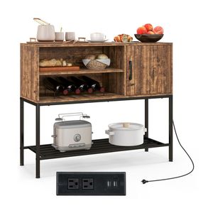 Handmade Rustic Brown <b>Sideboard</b> with 2 AC Outlets 2 USB Ports Wine Rack for Villa Charging Buffet Cabinet - Product Image 1
