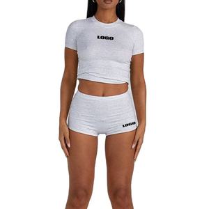Casual Summer Outfit <b>Set</b> Solid Breathable Short T-Shirt <b>Set</b> and above Knee Shorts with Custom Decoration for Daily Wear - Product Image 2