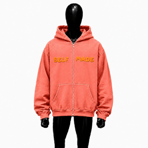 Sudadera con capucha rosa coral personalizada, estilo streetwear oversize, con logo bordado hecho a mano, cremallera completa, forro polar, unisex. - Product Image 1