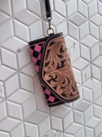 Étui de téléphone en cuir fait main, gravé à la main, motif à carreaux élégant, haute qualité, multi-usages, portefeuilles en cuir véritable pour femmes