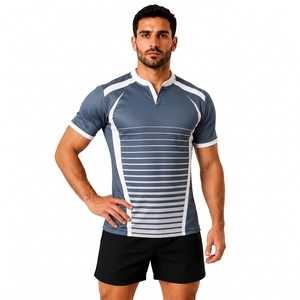 Maillot de rugby rayé bleu pour homme, manches courtes, col en V, tissu respirant, coupe ajustée, vêtements de sport toutes saisons - Product Image 1