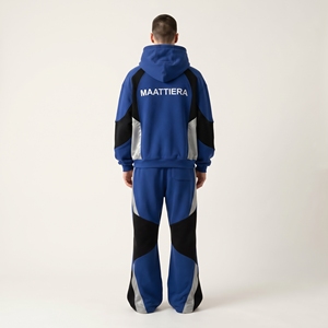 Mens Blue Black Color Block Tracksuit <b>Set</b> Zip Up Hoodie <b>Jogger</b> Pants Custom Streetwear Sportswear <b>Matching</b> Outfit - Product Image 2