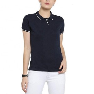 Polo de manga corta azul marino para mujer, diseño 2026, de color liso, tejido de punto, informal, largo regular, teñido liso - Product Image 1