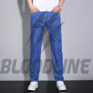 BLOODLINE Jean droit pour homme en denim de coton bleu, décontracté, respirant, style Hip Hop, déchiré, léger, coupe droite, taille mi-haute, idéal pour l'été - Product Image 6