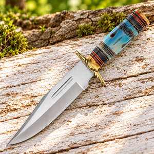 Couteau Bowie artisanal de 13 pouces en acier inoxydable avec manche en os fossile bleu et poinçon en laiton, avec étui en cuir marron - Product Image 4