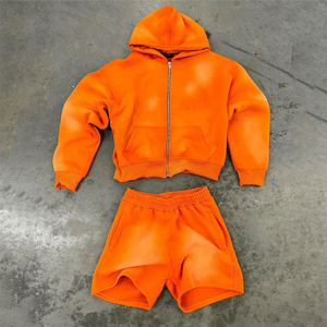 Hot Selling Oem Custom Mens Summer Casual 100% Cotton Zip Hoodie Shorts Premium Quality Windbreaker Solid Heavyweight Short Set - Product Image 6