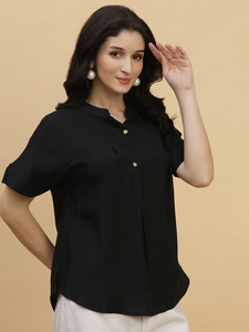 Blusa de Manga Corta con Cuello Mandarín para Mujer, Color Negro, Corte Holgado, Informal, de Popelina, con Botones - Product Image 5
