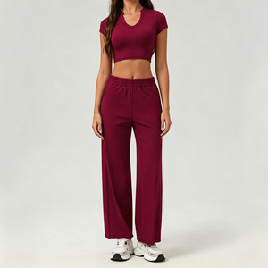 Pantalones Deportivos de Cintura Alta y Pierna Ancha para Mujer, Top Corto de Yoga de Manga Corta, Ropa Deportiva Sólida para Gimnasio con Cintura Elástica - Product Image 4