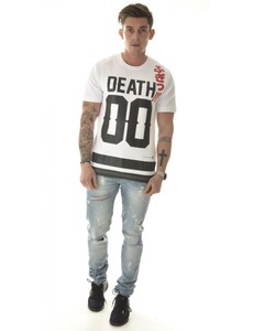 Camiseta Casual de Manga Corta para Hombre, Blanca, con Estampado 'Death 00', Texto Rojo y Rayas Negras, Logotipo Frontal, para Verano - Product Image 6