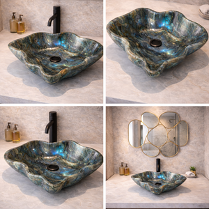 Lavabo de Mármol Labradorita Azul, Lavabo de Baño de Piedra Natural de Lujo, Lavabo de Mármol Hecho a Mano, Lavabo Moderno para Encimera - Product Image 4
