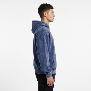 Hoodie unisexe oversize en polaire polyester/coton bleu uni délavé à l'acide, anti-boulochage, coupe régulière, longueur standard, coupe-vent, hiver - Product Image 3