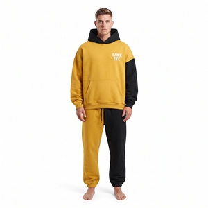 Ensemble de survêtement personnalisé pour homme en molleton 100% coton, coupe oversize, avec sweat à capuche à épaules tombantes et pantalon de jogging coupe décontractée, bicolore et à blocs de couleur contrastés - Product Image 6