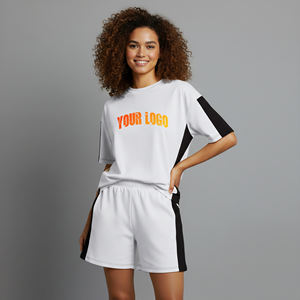 Nouvel ensemble short 2 pièces décontracté d'été pour femme, 100 % coton, couleur unie, avec logo personnalisé imprimé en sérigraphie, style urbain - Product Image 1