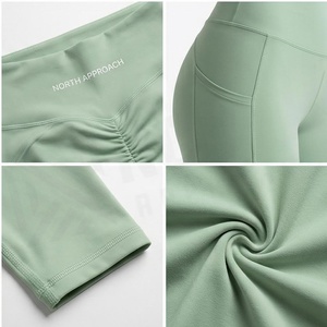 High Waist Full Length Yoga Leggings Solid <b>Mint</b> <b>Green</b> Seamless Four-Way Stretch With Pockets Women's Activewear - Product Image 5