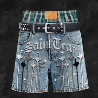 Pantalones Cortos de Jean para Hombre al por Mayor, de Verano, de Mezclilla, Lisos, Casuales, con Lavado Vintage, Logotipo Personalizado, Cintura Media, Cierre de Cremallera, con Pedrería, 100% Algodón