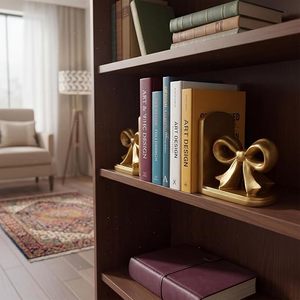 2 sujetalibros dorados con forma de lazo, sujetalibros de metal bonitos y resistentes, soporte decorativo para libros, esculturas decorativas, estatuas, adorno para estante de mesa - Product Image 2
