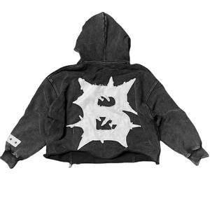 Coton imprimé lourd Vintage lavage à l'acide sweat à capuche en détresse Logo personnalisé hommes sweats à capuche décontractés personnalisé fermeture éclair complète utilisation thermique - Product Image 2