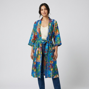 Bata Kimono de Algodón con Diseño Floral Hecha a Mano |   Ropa de dormir de manga larga con cuello en V para mujer con bolsillos |   Obra Maestra Sostenible de Larga Duración - Product Image 3