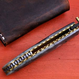 Couteau pliant en acier Damas, lame à pointe tombante, avec manche en marbre et étui en cuir, couteau de poche pour le camping en plein air - Product Image 5