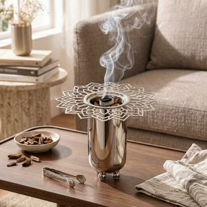 Quemador de Incienso Mandala Dorado de Lujo, Elegante Soporte de Metal para Carbón y Bakhoor con Borde Floral Recortado, Decoración Aromática para el Hogar - Product Image 5