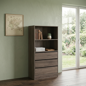 Chic 1739 <b>Modern</b> Wood 3 Drawer Storage Chest Particle Board 5 <b>Shelves</b> Open Shelf Bookcase Cabinet Dark Sonoma Oak Home Office - Product Image 1