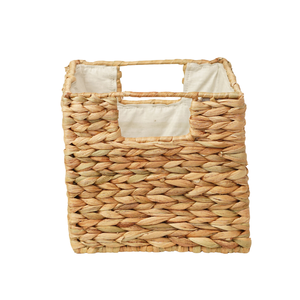 Panier de rangement carré en jacinthe d'eau naturelle tressé à la main, écologique, avec doublure en tissu et poignées intégrées pour l'organisation des étagères - Product Image 1